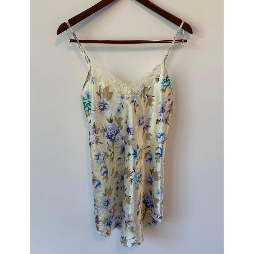 Floral Satin Nightgown Lingerie‎ Lace Trim Romantic Cottagecore Slip Dress Sz S